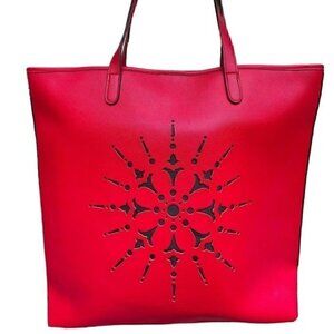NWT Crabtree & Evelyn Large Red Tote Bag Laser Cut Boho Design Vegan Leather